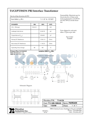 T-14170 datasheet - T1/CEPT/ISDN PRI Interface Transformer
