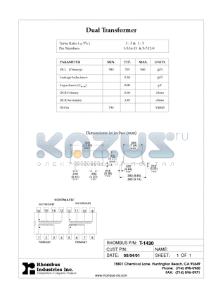 T-1420 datasheet - Dual Transformer