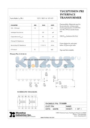 T-14408 datasheet - T1/CEPT/ISDN PRI INTERFACE TRANSFORMER
