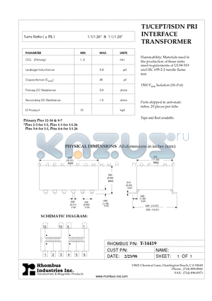 T-14419 datasheet - T1/CEPT/ISDN PRI INTERFACE TRANSFORMER