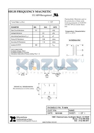 T-1474 datasheet - HIGH FREQUENCY MAGNETIC