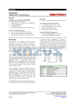 FM24V01 datasheet - 128Kb Serial 3V F-RAM Memory