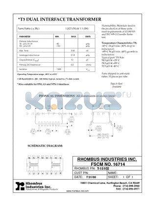 T-15102 datasheet - T3 DUAL INTERFACE TRANSFORMER