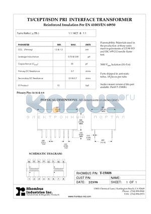 T-15808 datasheet - T1/CEPT/ISDN PRI INTERFACE TRANSFORMER