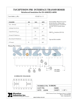 T-15815G datasheet - T1/CEPT/ISDN PRI INTERFACE TRANSFORMER