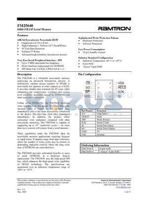 FM25640 datasheet - 64Kb FRAM Serial Memory