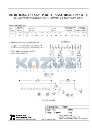 T-16301 datasheet - 10/100 BASE-TX DUAL PORT TRANSFORMER MODULE
