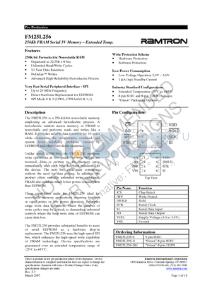 FM25L256 datasheet - 256Kb FRAM Serial 3V Memory - Extended Temp