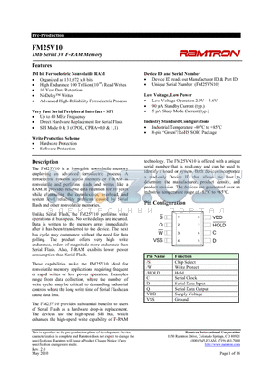 FM25V10-GTR datasheet - 1Mb Serial 3V F-RAM Memory