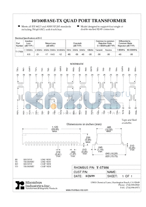 T-17104 datasheet - 10/100BASE-TX QUAD PORT TRANSFORMER