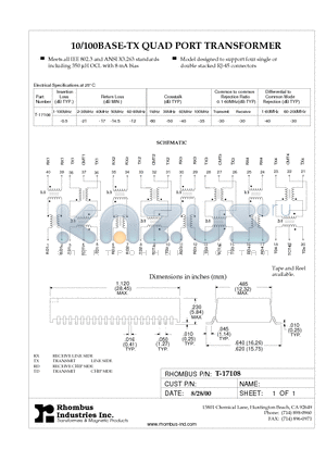 T-17108 datasheet - 10/100BASE-TX QUAD PORT TRANSFORMER