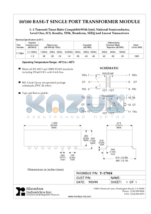 T-17804 datasheet - 10/100 BASE-T SINGLE PORT TRANSFORMER MODULE