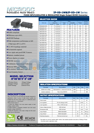 IF1205XS-W75 datasheet - FIXED INPUT,ISOLATED & REGULATED Single Output DC/DC Converter