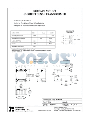 T-20199 datasheet - SURFACE MOUNT CURRENT SENSE TRANSFORMER