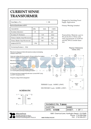 T-20101 datasheet - CURRENT SENSE TRANSFORMER