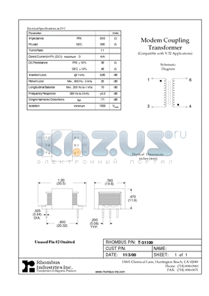 T-31100 datasheet - Modem Coupling Transformer
