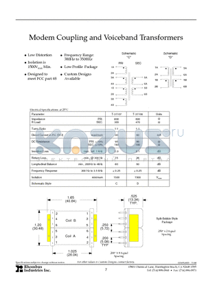 T-31107 datasheet - Modem Coupling and Voiceband Transformers