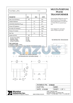 T-50102 datasheet - MULTI-PURPOSE PULSE TRANSFORMER