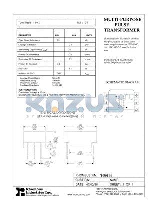 T-50114 datasheet - MULTI-PURPOSE PULSE TRANSFORMER