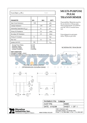 T-50126 datasheet - MULTI-PURPOSE PULSE TRANSFORMER