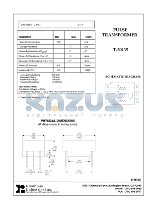 T-50135 datasheet - PULSE TRANSFORMER