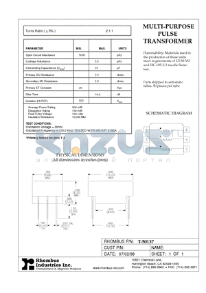 T-50137 datasheet - MULTI-PURPOSE PULSE TRANSFORMER