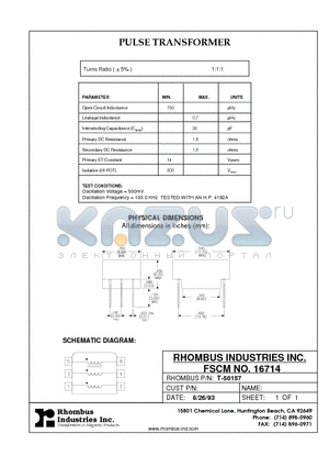 T-50157 datasheet - PULSE TRANSFORMER