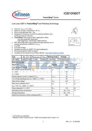 IGB10N60T datasheet - Low Loss IGBT in TrenchStop and Fieldstop technology