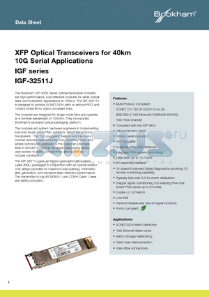 IGF-32511J datasheet - XFP Optical Transceivers for 40km 10G Serial Applications