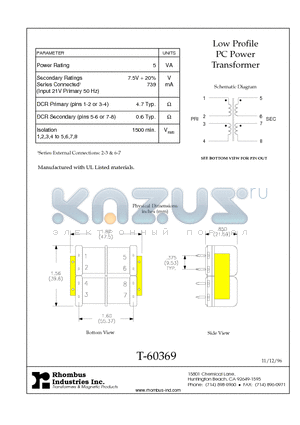 T-60369 datasheet - Low Profile PC Power Transformer