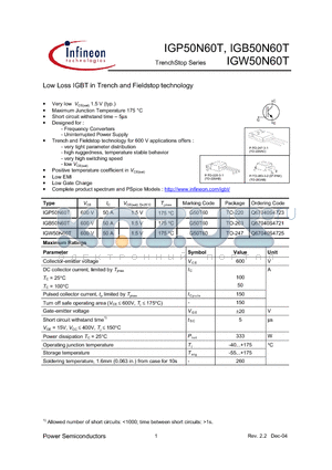 IGW50N60T datasheet - LOW LOSS IGBT IN TRENCH AND FIELDSTOP TECHNOLOGY