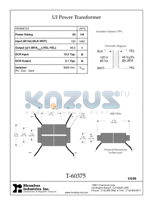 T-60375 datasheet - UI Power Transformer