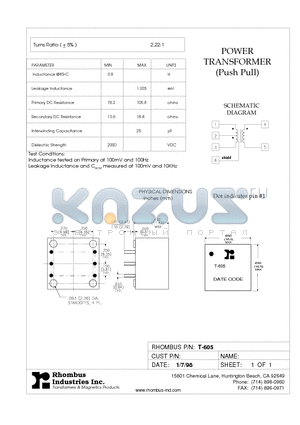 T-605 datasheet - POWER TRANSFORMER