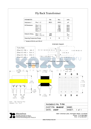 T-751 datasheet - Fly Back Transformer