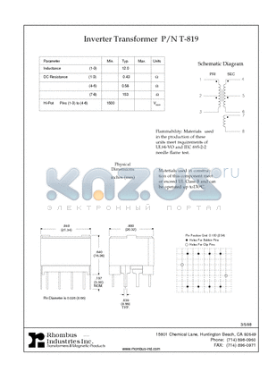 T-819 datasheet - Inverter Transformer