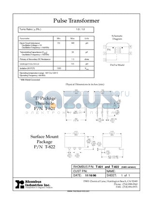 T-821 datasheet - Pulse Transformer