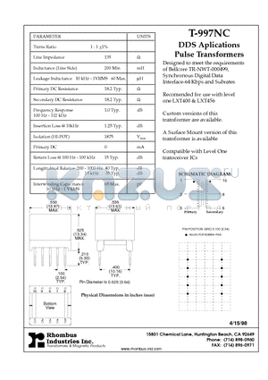 T-997NC datasheet - DDS Aplications Pulse Transformers