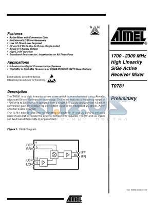 T0781-6C datasheet - 1700 - 2300 MHz High Linearity SiGe Active Receiver Mixer