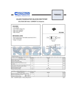 FM806C datasheet - GLASS PASSIVATED SILICON RECTIFIER VOLTAGE 800 Volts CURRENT 8.0 Amperes