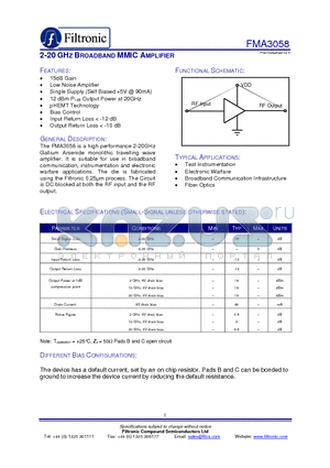 FMA3058-000-WP datasheet - 2-20 GHZ BROADBAND MMIC AMPLIFIER