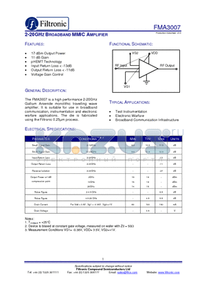 FMA3007 datasheet - 2-20GHZ BROADBAND MMIC AMPLIFIER