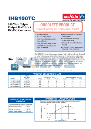 IHB100T480315C datasheet - 100 Watt Triple Output Half Brick DC/DC Converter