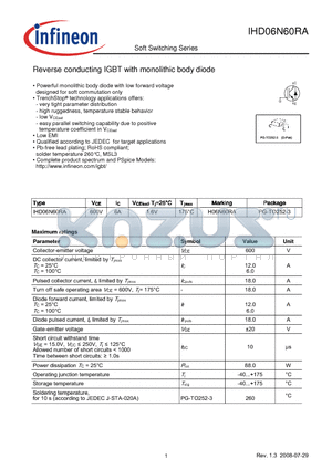 IHD06N60RA datasheet - Reverse conducting IGBT with monolithic body diode