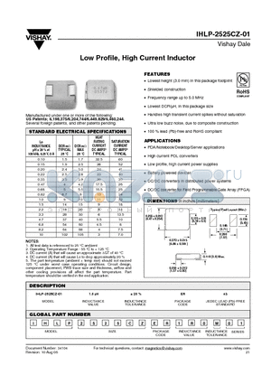 IHLP-2525CZ-01 datasheet - Low Profile, High Current Inductor