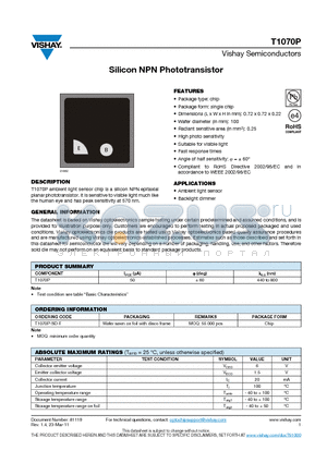 T1070P-SD-F datasheet - Silicon NPN Phototransistor