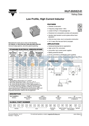 IHLP-2525EZ-01 datasheet - Low Profile, High Current Inductor