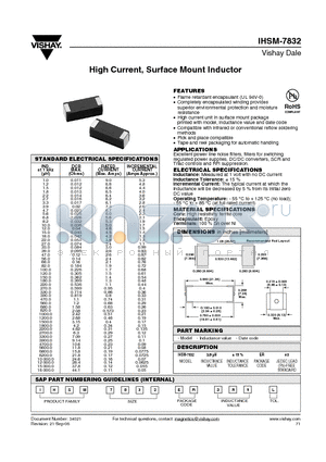 IHSM-7832 datasheet - High Current, Surface Mount Inductor