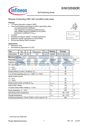 IHW30N90R datasheet - Reverse Conducting IGBT with monolithic body diode