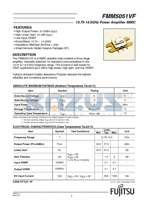 FMM5051VF datasheet - 13.75-14.5GHz Power Amplifier MMIC