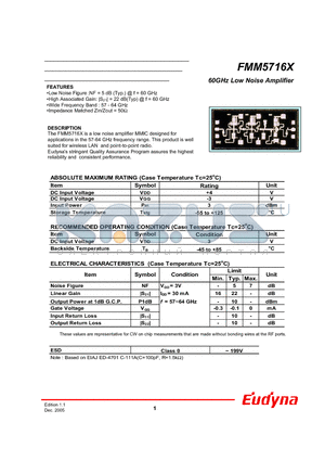 FMM5716X datasheet - 60GHz Low Noise Amplifier